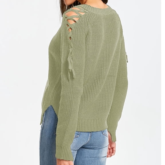 Women's Sweater Off Shoulder Lace Up Long Sleeve V Neck Pullover Tops Mint Green M