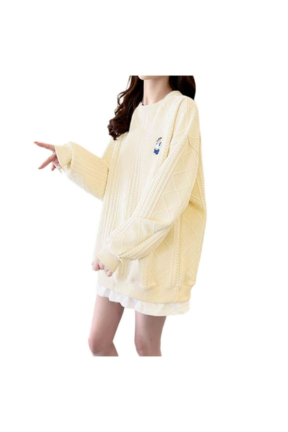 Women's Sweater Oversize Long Sleeve Crew Neck Bear Graphic Embroidery Knitted Sweatshirt Pullover Tops