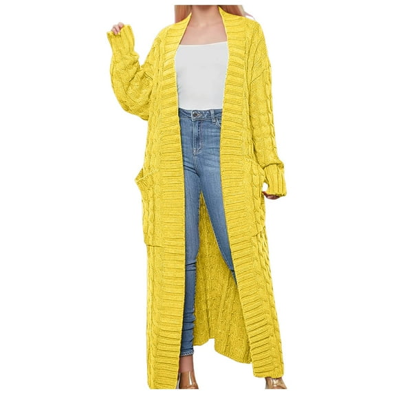 Women's Sweater Oversize Solid Cable Knitted Long Cardigan Elegant Open Front Knitted With Pocket Pullover Tops