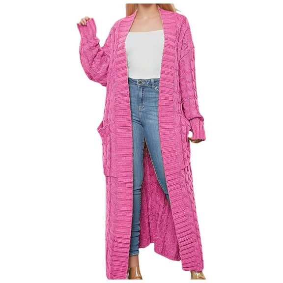 Women's Sweater Oversize Solid Cable Knitted Long Cardigan Elegant Open Front Knitted With Pocket Trendy Outfits