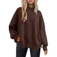 thumbnail image 1 of Women's Sweater Oversize Solid Long Sleeve Crew Neck Side Slit Ribbed Knitted Cozy Sweaters, 1 of 1