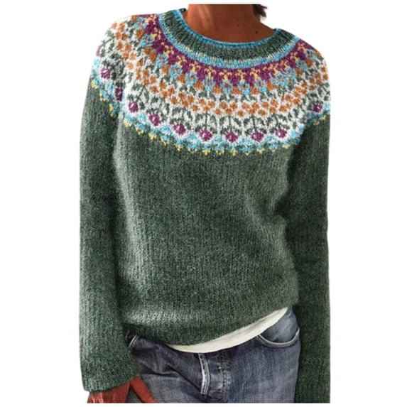 Women's Sweater Oversize Vintage Floral Stripe Color Block Knitted Long Sleeve Crew Neck Winter Sweaters