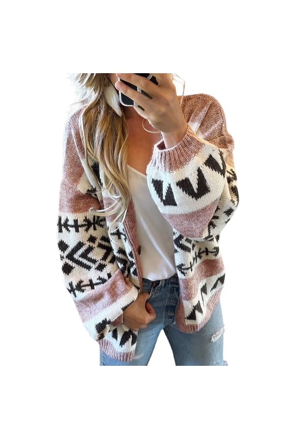 Women's Sweater Oversized Boho Print Cardigan Open Front Long Sleeve V Neck Button Knitted Pullover Tops