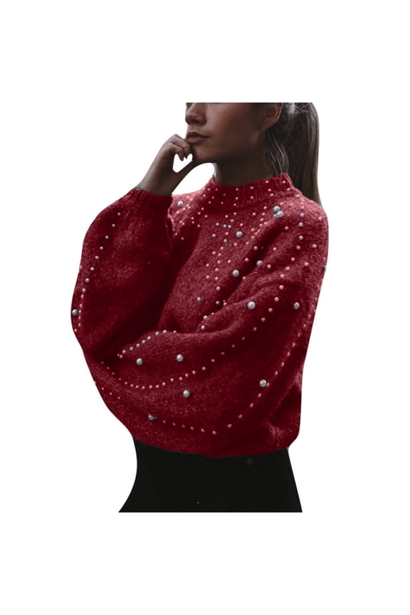Women's Sweater Pearl Long Sleeve Half High Collar Knitted Cropped Loose Fit Winter Sweaters