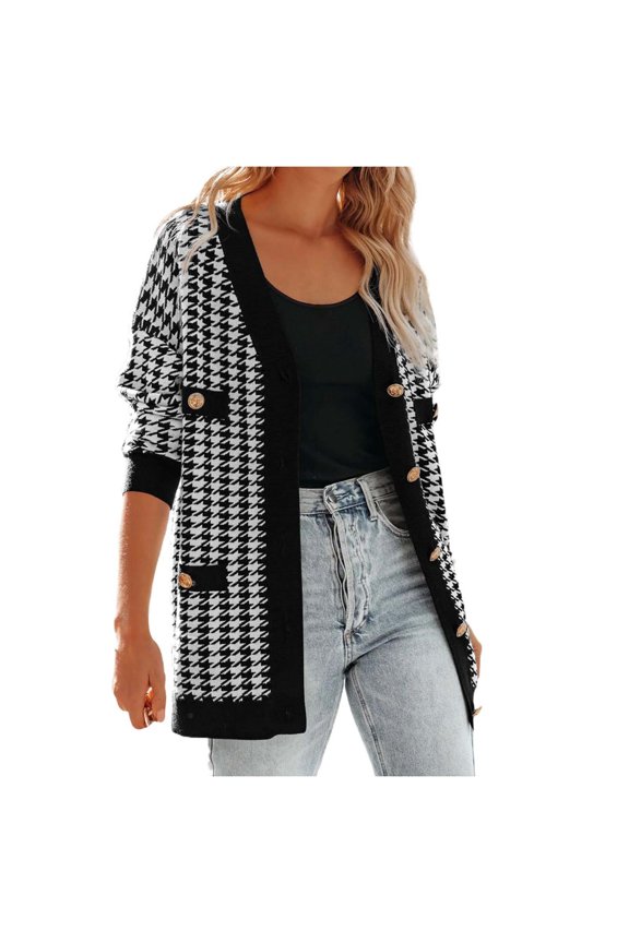 Women's Sweater Plaid Patchwork Chunky Knit Cardigan With Pockets Button V Neck Trendy Outfits