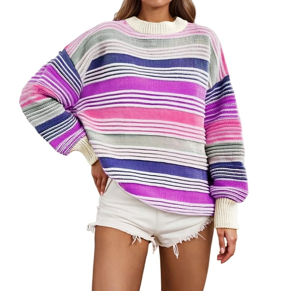Women's Sweater Rainbow Stripe Patchwork Long Sleeve Ribbed Hem y2k Streetwear Fall Winter Clothes