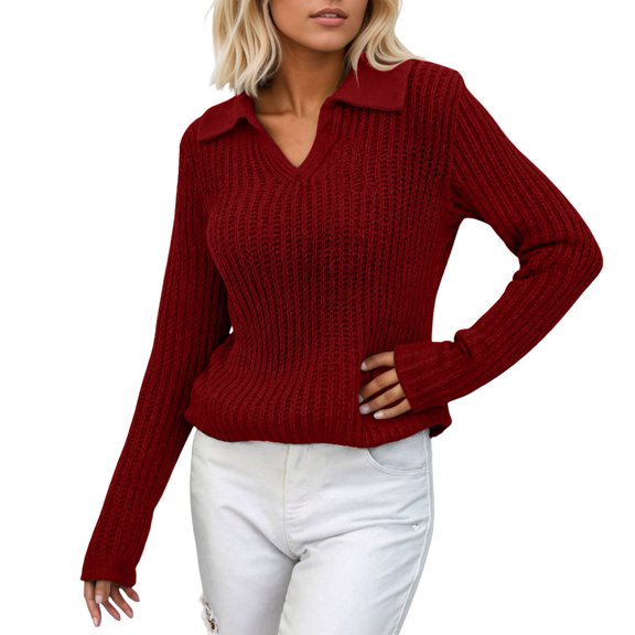 Women's Sweater Ribbed Knitted Long Sleeve V Neck Lapel Slim Casual Fall Winter Clothes