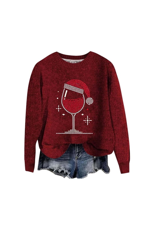 Women's Sweater Santa Hat Red Glass Print Christmas Long Sleeve Crew Neck Knitted Festival Jumper Top