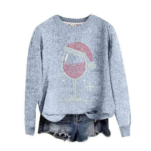 Women's Sweater Santa Hat Red Glass Print Christmas Long Sleeve Crew Neck Knitted Festival Trendy Outfits