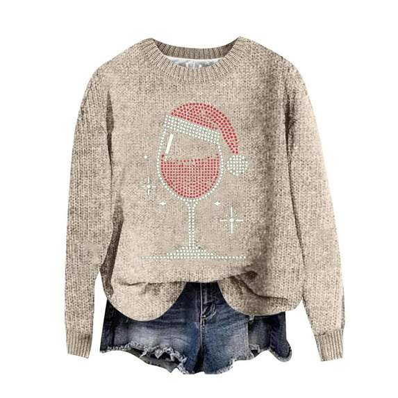 Women's Sweater Santa Hat Red Glass Print Christmas Long Sleeve Crew Neck Knitted Festival Winter Sweaters