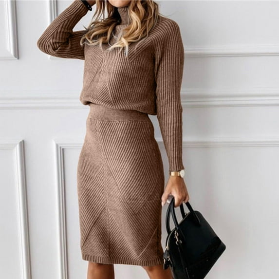 Women's Sweater Set Casual Two Piece Turtleneck Knitted Solid Color Thick Lapel Long Sleeved Pullover And Knitted Midi Skirt Sweater Set Brown S