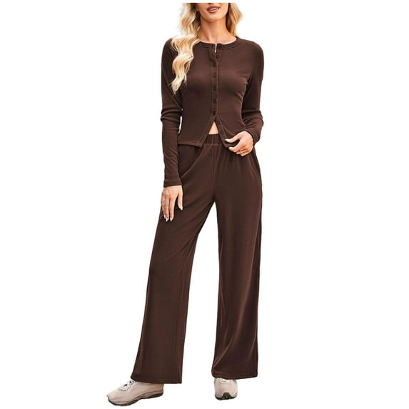 Women's Sweater Sets Crew Neck Button Slim Cardigan Elastic Waist Wide Leg Pockets Pants Casual 2 Piece Knitted Suits (L, Coffee)