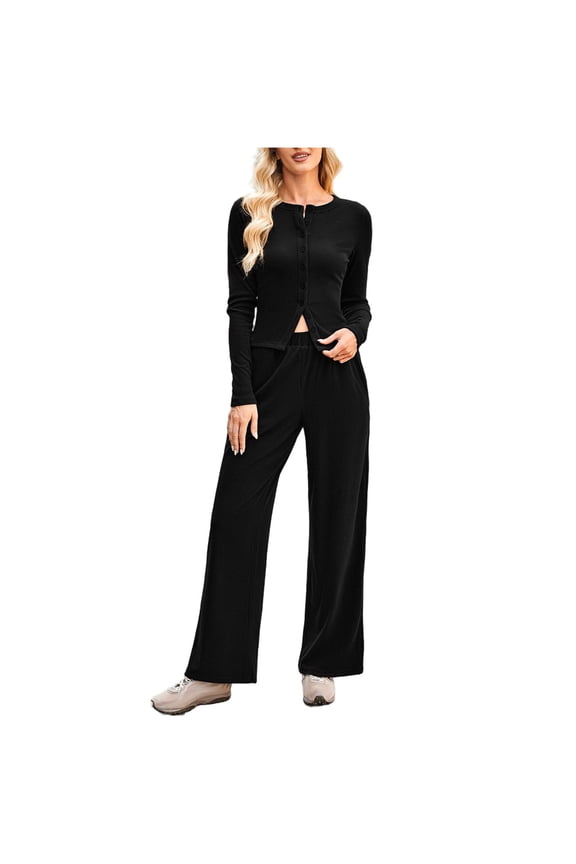 Women's Sweater Sets Crew Neck Button Slim Cardigan Elastic Waist Wide Leg Pockets Pants Casual 2 Piece Knitted Suits (M, Black)
