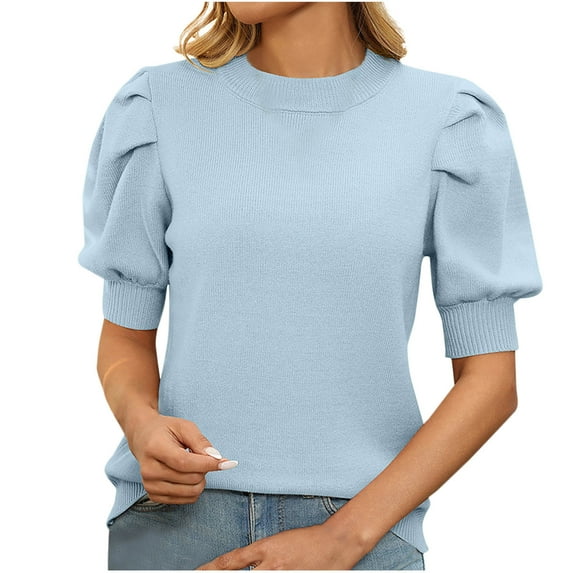 Women's Sweater Shirts Puff Short Sleeve Casual Summer Crew Neck Solid Color Pullover Tunic Fashion Trendy Cute Comfortable Lightweight Soft Tops Business Work Knit Blouse