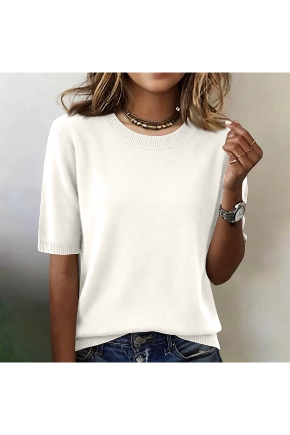 Women's Sweater Shirts Short Sleeve Dressy Casual Ribbed Crew Neck Lightweight Shirts Soft Tops Beige L