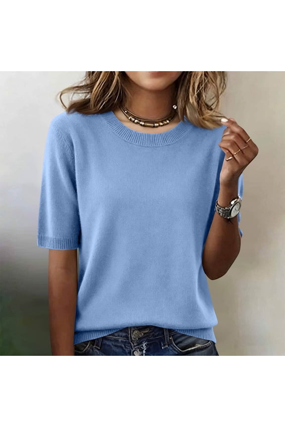Women's Sweater Shirts Short Sleeve Dressy Casual Ribbed Crew Neck Lightweight Shirts Soft Tops Blue M
