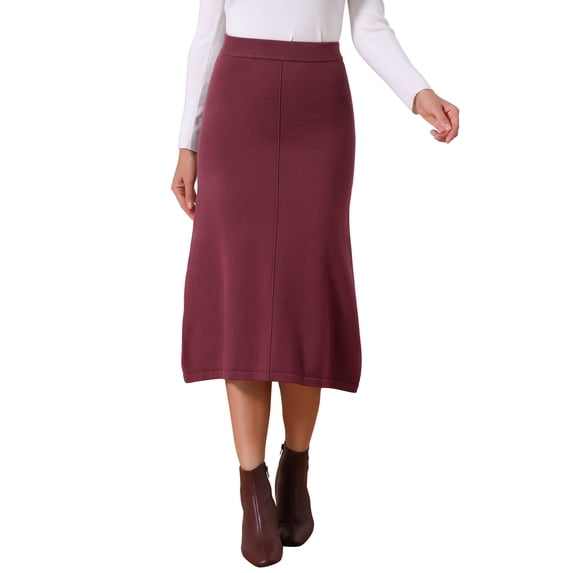 Women's Sweater Skirt High Waist Ribbed Knit A-Line Midi Skirts for Elegant and Casual Occasions L Wine Red