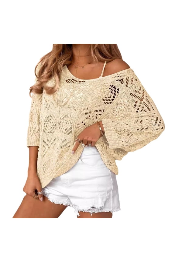 Women's Sweater Soft Boat Neck Long Sleeve Oversized Sweaters Crochet Pullover Knit Tops Beige S