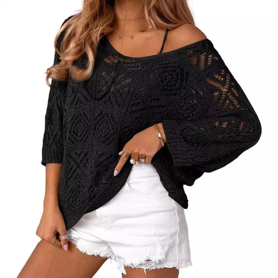 Women's Sweater Soft Boat Neck Long Sleeve Oversized Sweaters Crochet Pullover Knit Tops Black M