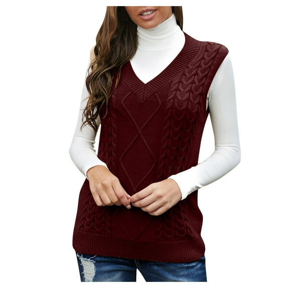 Women's Sweater Solid Cable Knitted Vest Loose Fit Vintage Sleeveless V Neck Fall Clothes Outfits