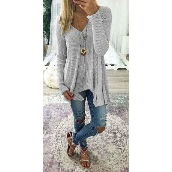 Women's Sweater Solid Color Pullover Sexy V-neck Irregular Thin Shirt