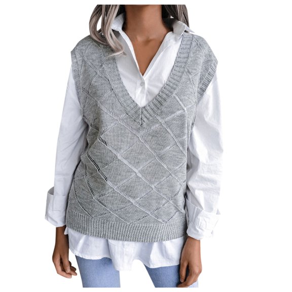Women's Sweater Solid Color V-neck Knit Vest Cable Knitted Sleeveless Checked Pullover Tops