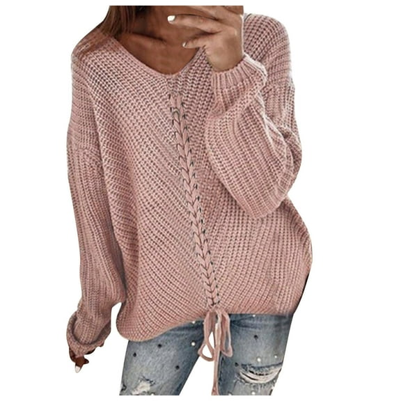 Women's Sweater Solid Long Sleeve V Neck Cable Knitted Drawstring Loose Fit Fall Sweaters