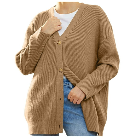 Women's Sweater Solid Long Sleeve V Neck Knitted Cardigan Elegant Open Front Winter Sweaters