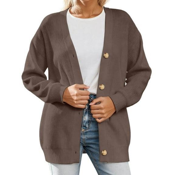 Women's Sweater Solid Long Sleeve V Neck Knitted Cardigan Plus Size Button Down Casual Fall Sweaters