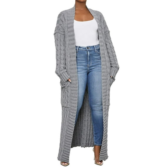 Women's Sweater Solid Ribbed Knitted Long Open Front Cardigan With Pocket Loose Casual Warm Sweaters
