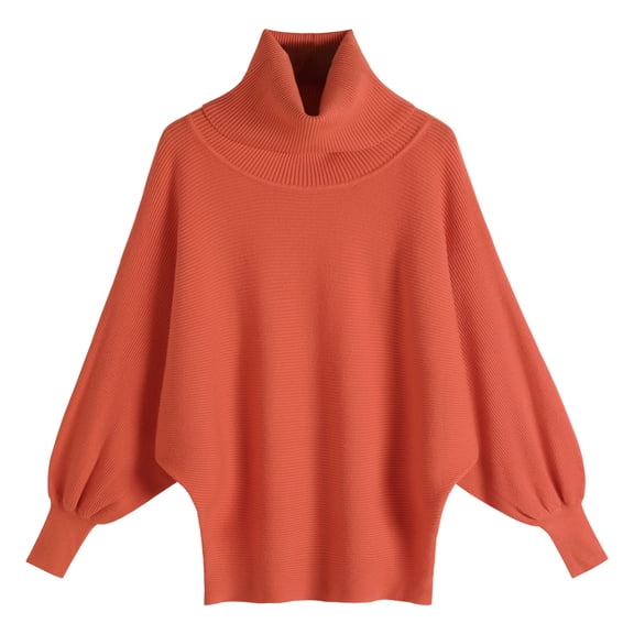 Women's Sweater Solid Ribbed Knitted Turtleneck Solid Long Lantern Sleeve Slim Lightweight Sweaters Orange