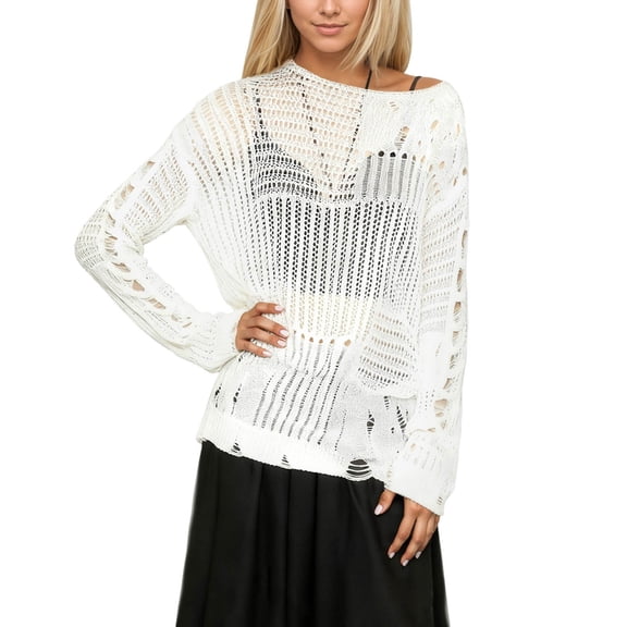Women's Sweater Solid Ripped Hollow Knitted Long Sleeve See Through Lightweight Sweaters White