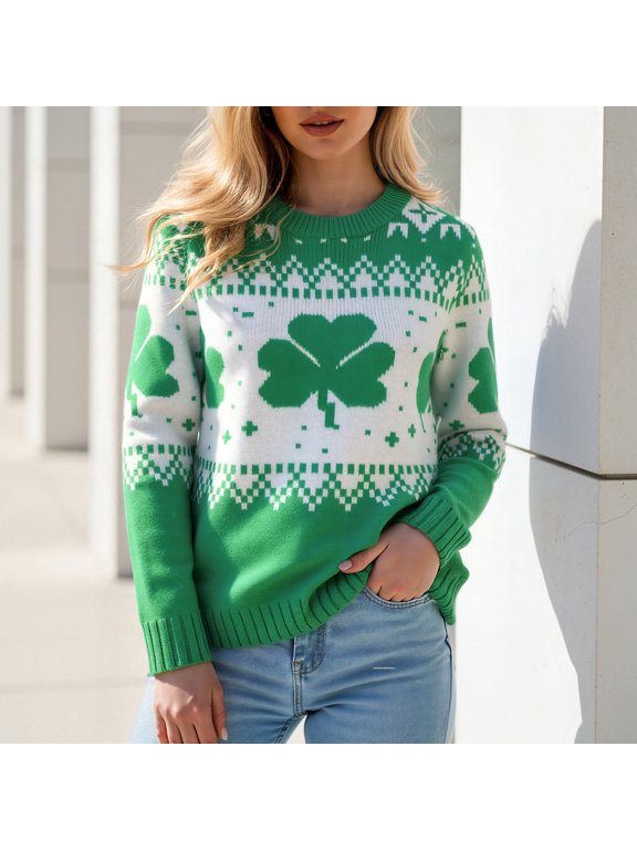 Women's Sweater St. Patrick's Day Knitted Long Sleeve Crew Neck Shamrock Sweater (Green2 M)