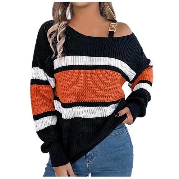 Women's Sweater Stripe Color Block Long Sleeve Metal Buckle Off Shoulder Knitted Winter Sweaters
