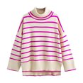 thumbnail image 1 of Women's Sweater Stripe Print Irregular Hem Long Sleeve Turtleneck Knitted Lightweight Sweaters, 1 of 1
