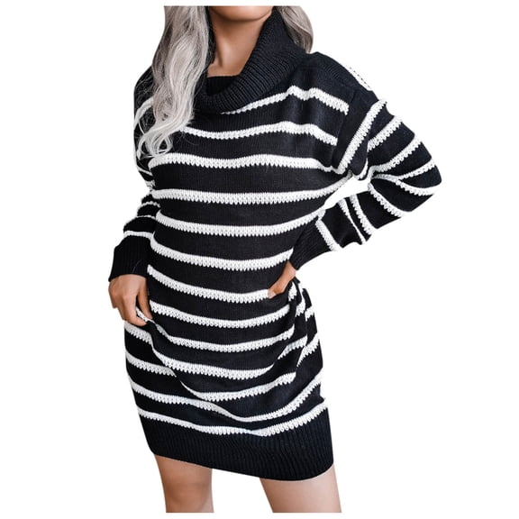Women's Sweater Stripe Print Knitted Half High Neck Slim Fit Turtleneck Mini Dresses Fall Winter Clothes