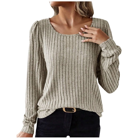 Women's Sweater Tops Crew Neck Long Sleeve Casual Ribbed Knit Pullover Jumper Spring Fall Trendy Drop Shoulder Tops(Beige,L)