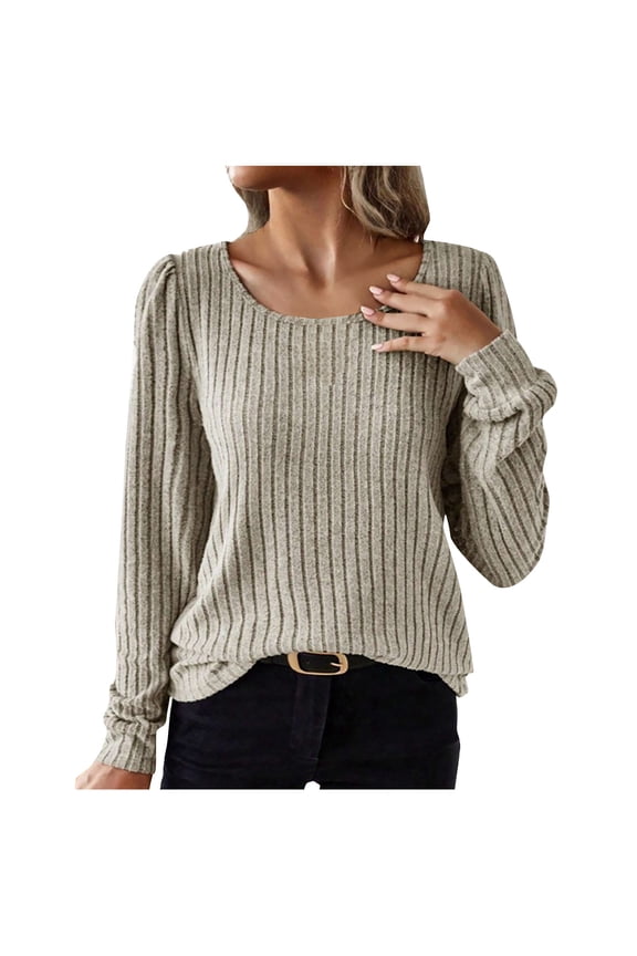 Women's Sweater Tops Crew Neck Long Sleeve Casual Ribbed Knit Pullover Jumper Spring Fall Trendy Drop Shoulder Tops(Beige,M)