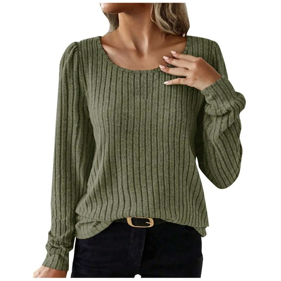 Women's Sweater Tops Crew Neck Long Sleeve Casual Ribbed Knit Pullover Jumper Spring Fall Trendy Drop Shoulder Tops(Green,S)