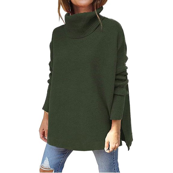 Women's Sweater Turtleneck Ribbed Knit Batwing Sleeve Spilt Hem Tunic Oversized Warm Sweaters