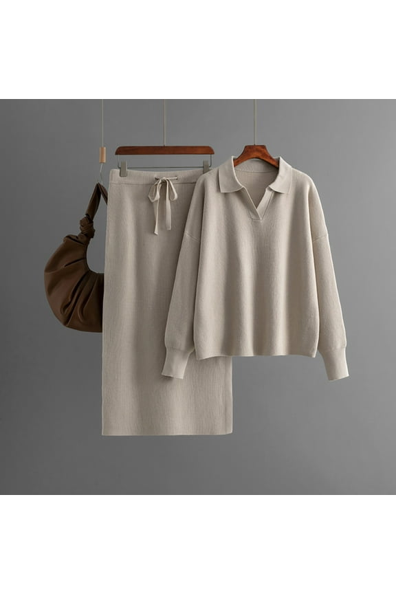 Women's Sweater Two Piece Knitted Collar Autumn And Winter Loose Women Lazy Fashion Suit Satin Summer Dress Women Bikini Swimwear High Waist Mesh Swim Skirt Jacket for Evening Dresses Dress with 2