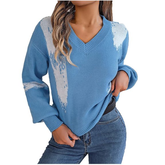 Women's Sweater V Neck Color Block Long Sleeve Knit Pullover Top Sky Blue S