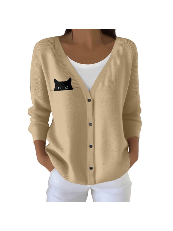 Women's Sweater V-Neck Long Sleeve Black Cat Print Button Front Cardigan Open Front Knit Top Jacket for Cat Lovers Gifts