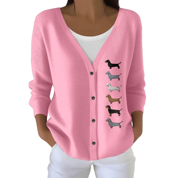 Women's Sweater V-Neck Long Sleeve Dog Print Button Front Cardigan Open Front Knit Top Jacket for Casual Outfits