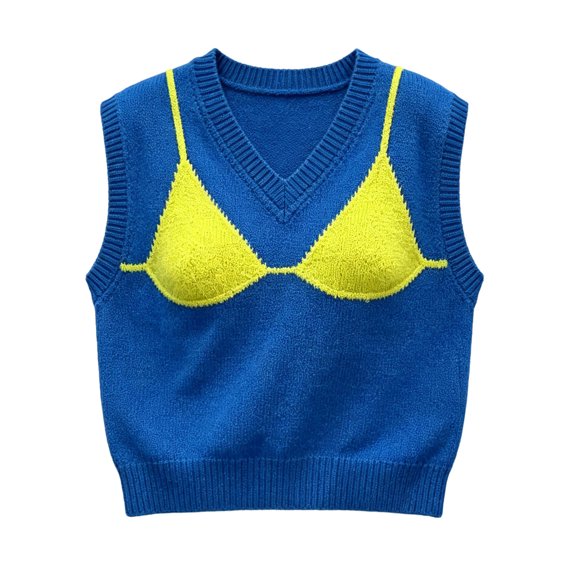 Women's Sweater Vest 3D Bra Print Knit Outer Wear Sleeveless V Neck Knit Tops Casual Loose Fit Clothes