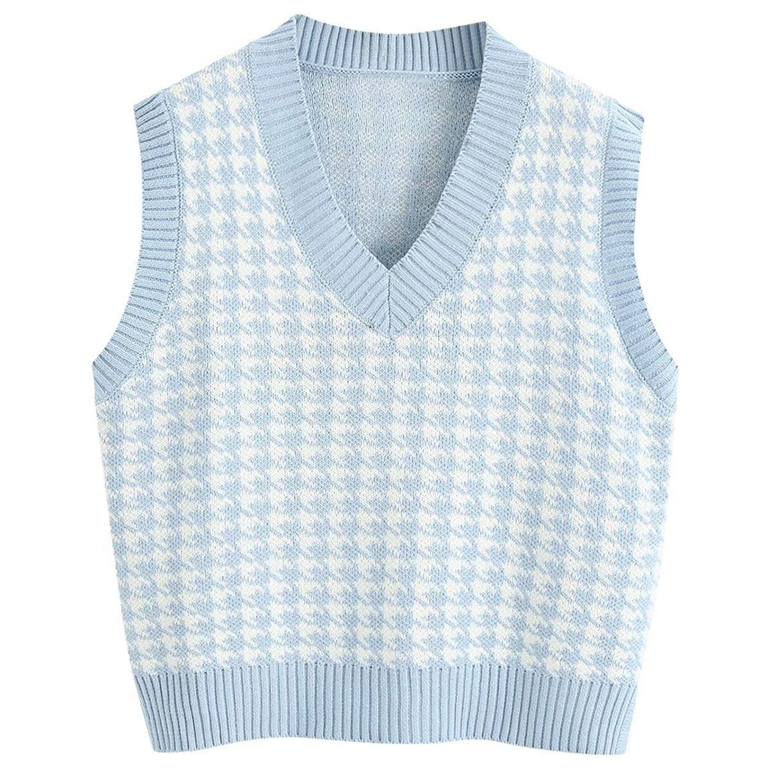 Women's Sweater Vest Casual Sleeveless V Neck Houndstooth Knit Sweater