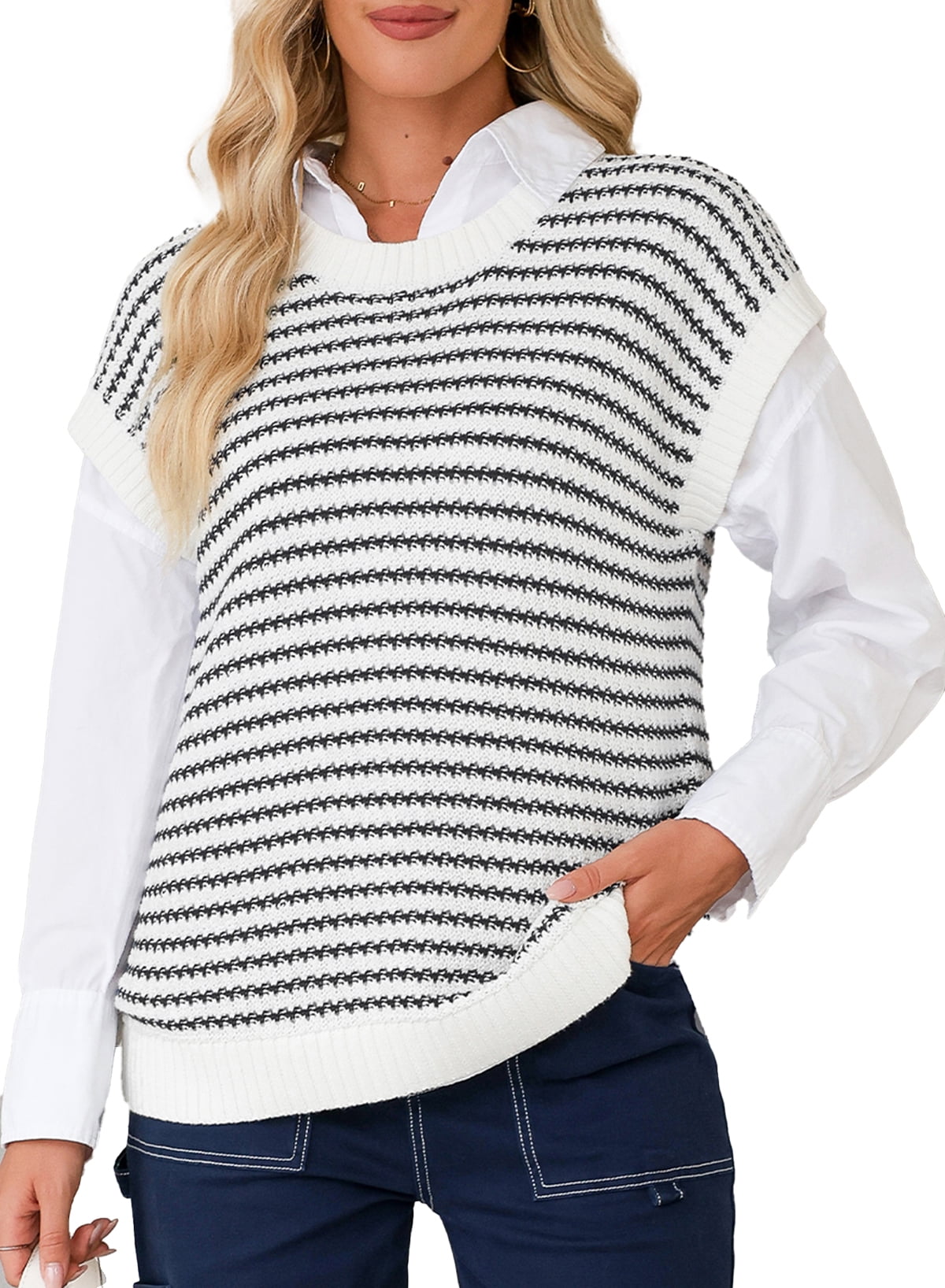 Women's Sweater Vest Crew Neck Kint Vests Classic Sleeveless Pullover