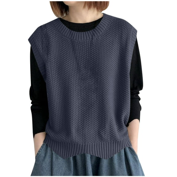 Women's Sweater Vest Crew Neck Pullover Tank Tops Light Weight Sleeveless Casual Loose Knitted Vest Navy, Free Size