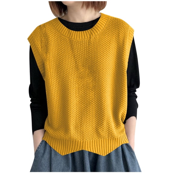 Women's Sweater Vest Crew Neck Pullover Tank Tops Light Weight Sleeveless Casual Loose Knitted Vest Yellow, Free Size