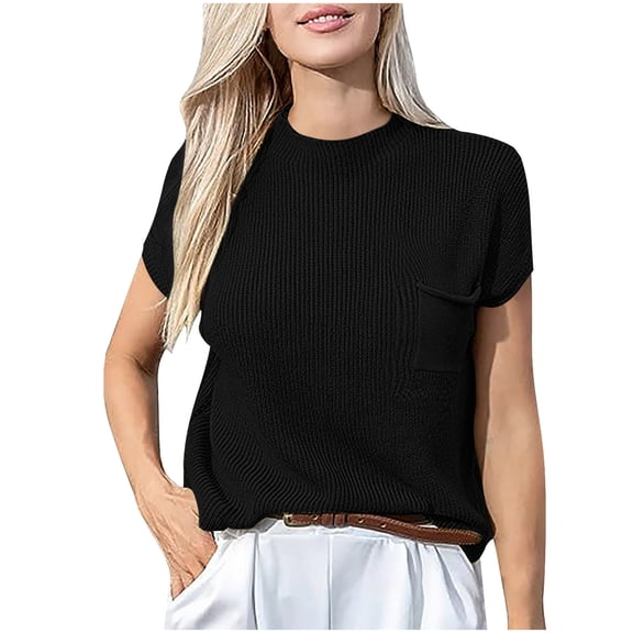 Women's Sweater Vest Crew Neck Short Sleeve Pullover Ribbed Knit Top Casual Loose Fit Tank with Pocket for Fall Summer Black S